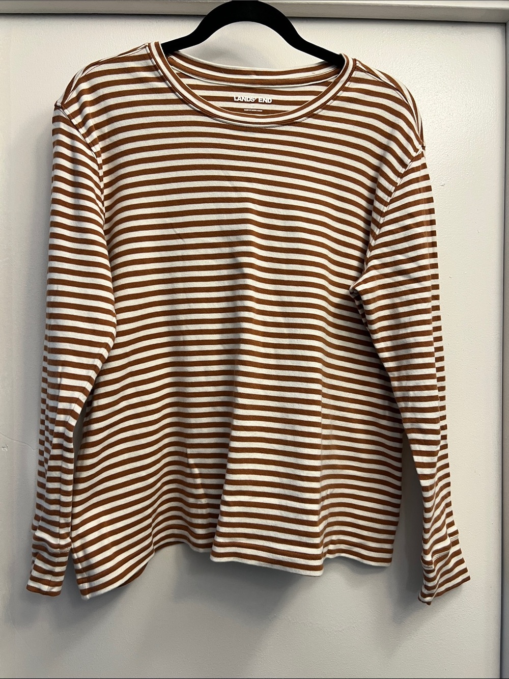 Lands' End White and Brown Striped Long Sleeve Tee Women’s Size Medium